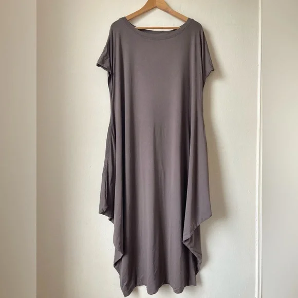 Kedem Sasson Taupe Grey Long Maxi Dress Stretch Jersey Short Sleeve One Size - Picture 3 of 16